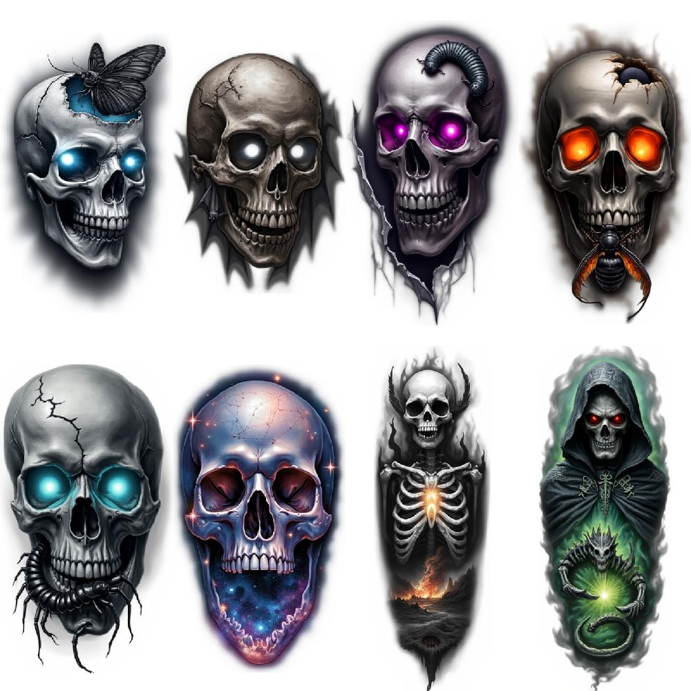 3pcs Temporary Tattoo Cracked Skull Pipe Butterfly Realistic Temporary Tattoos Snowflake For Arms Men Adults