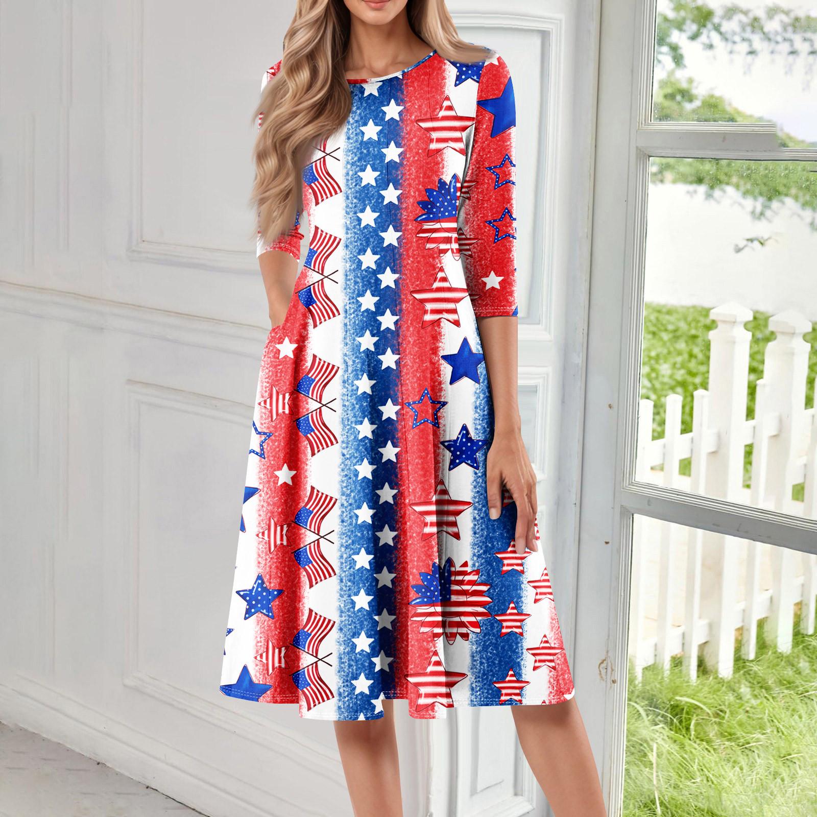 Women s Casual Fashion Round Neck Three Quarter Sleeve Independence Day Print Midi Dress S