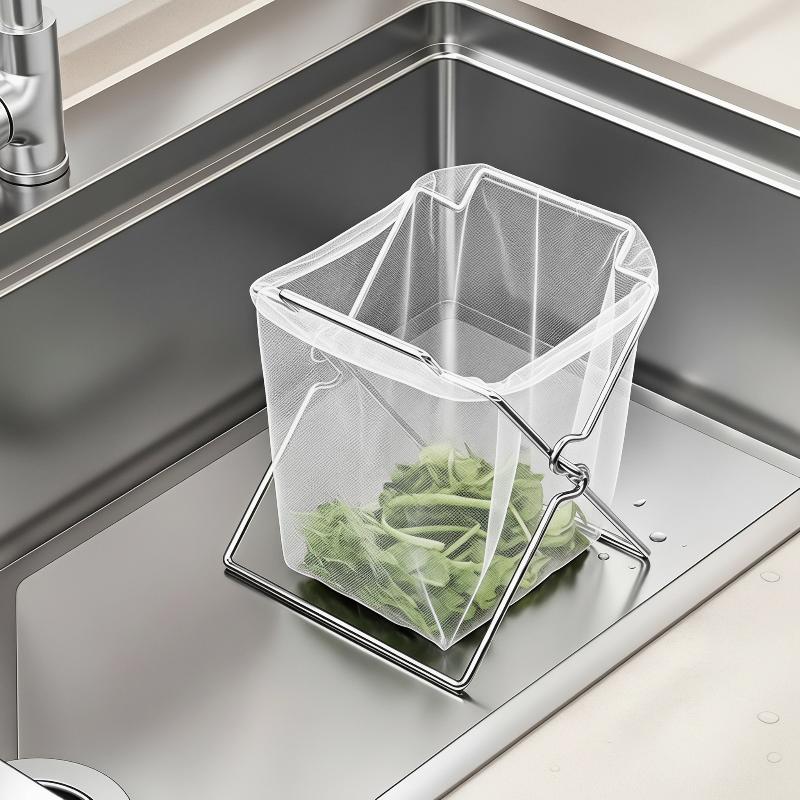 Collapsible Metal Garbage Bag Holder, Kitchen Countertop Trash Bag Support Rack, Portable Storage Organizer Stand