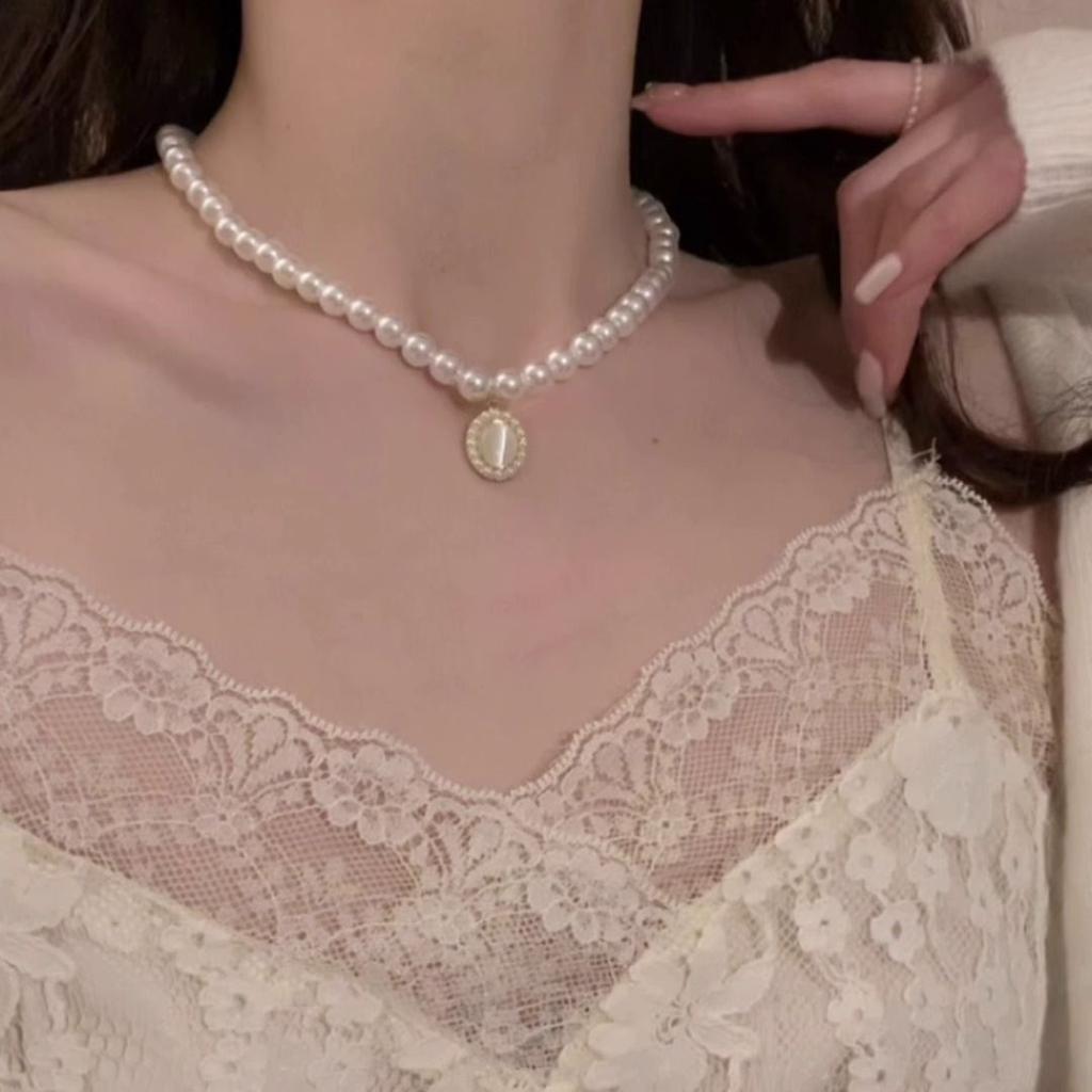 Retro opal pearl necklace neck chain women's light luxury niche new pearl necklace high-end collarbone chain