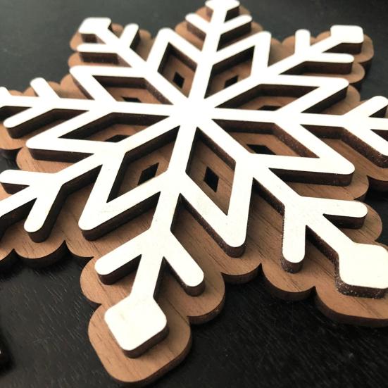 Wooden Snowflake Christmas Ornament Double-Layer 3D Design Hexagonal Shape Statue with Stable Base Table Decor