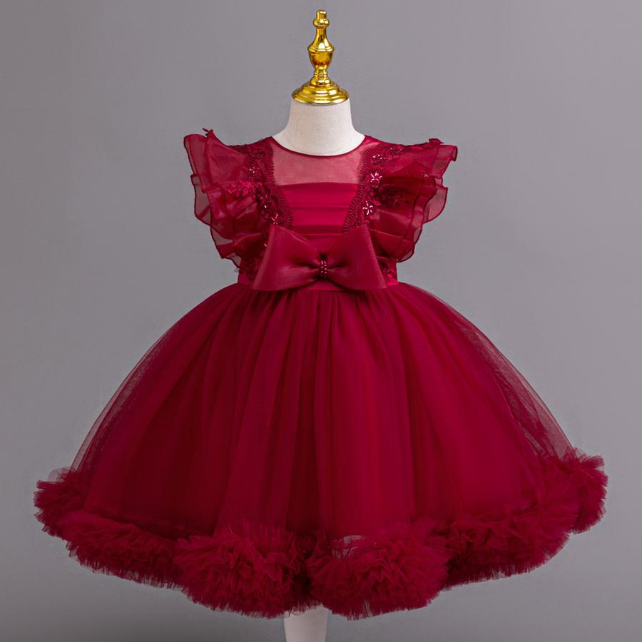 New Kids Net Lace Princess Dress with Frills, Large Size Girls' Birthday Outfit