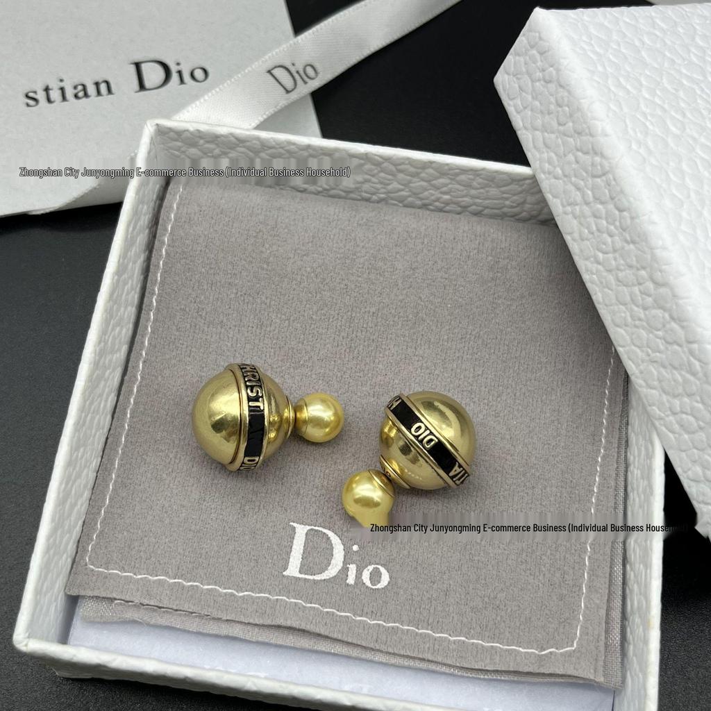 Retro Antik Gold Ovaler Ohrstecker mit Schwarzer Emaille und Perlen für Damen