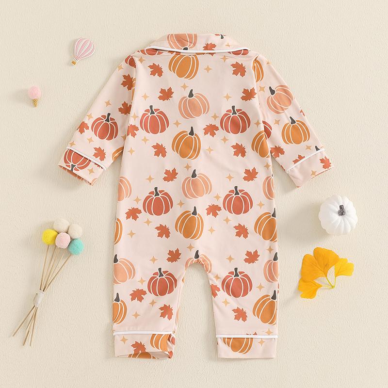 Infant Newborn Baby Girl Halloween Sleeping Romper Ghost/Pumpkin Print Lapel Long Sleeve Button Down Jumpsuit