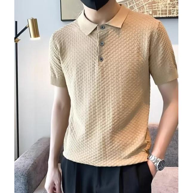 Pineapple Pattern High-Density Stretch Knit Summer Men's Solid Color Plaid Polo Short Sleeve T-Shirt