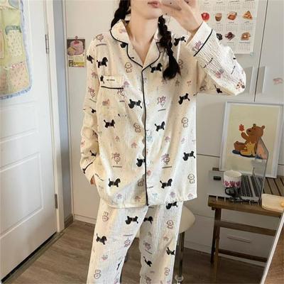Drucken Cartoon süße Damen Pyjamas Set Revers Hals Knopf Design süße lässige Nachtwäsche Herbst neue Pyjamas Set