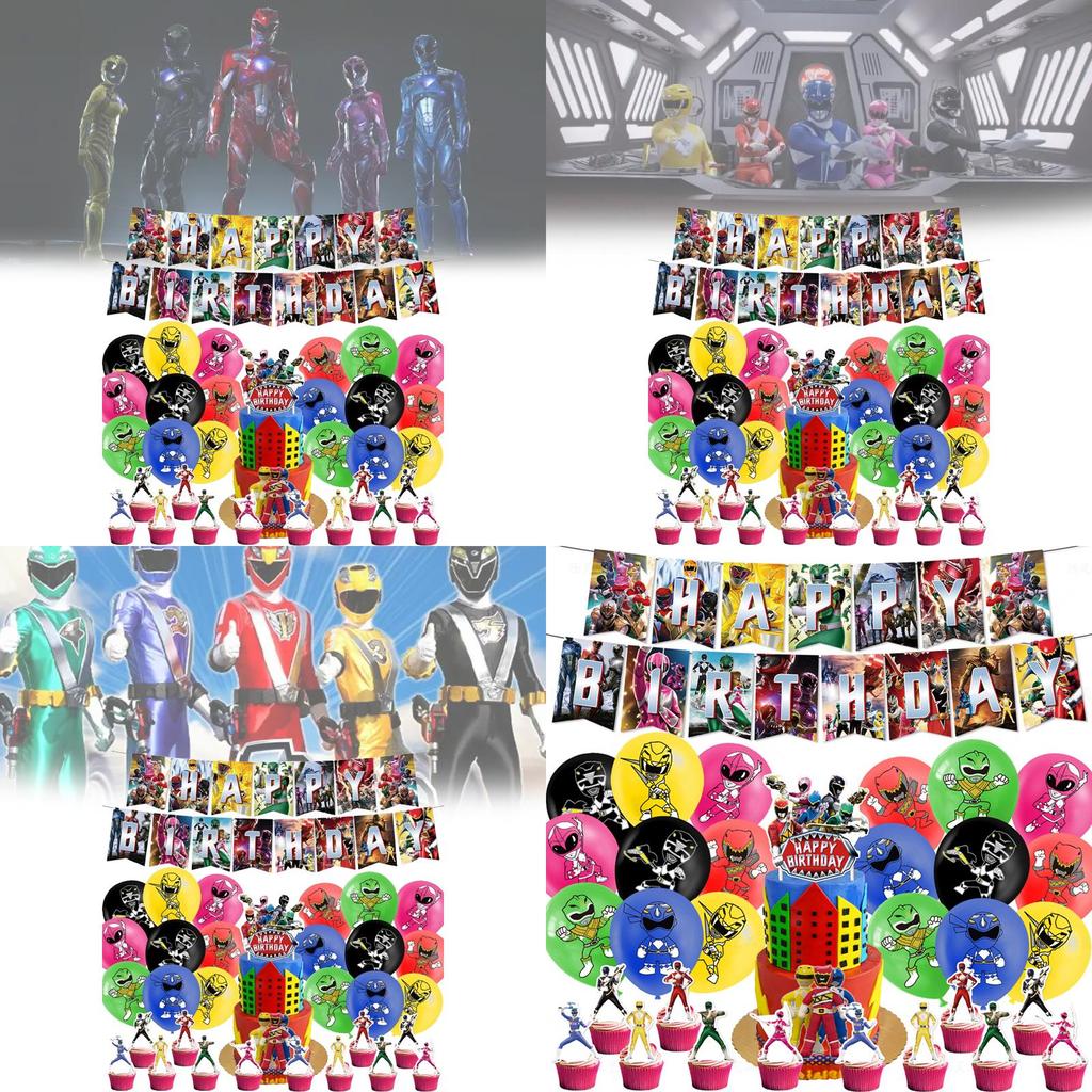 Decorazioni per Festa di Compleanno dei Mighty Morphin Power Rangers Con Palloncini a Tema Dinosauro e Bandierine per Torta Per Ragazzi