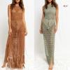 Womens Swimsuit Sunscreen Cover-Ups Tassel Long Sleeve Beachwear Dress Hollow Out Beachwear Shawl Vacation Bikinis Cover