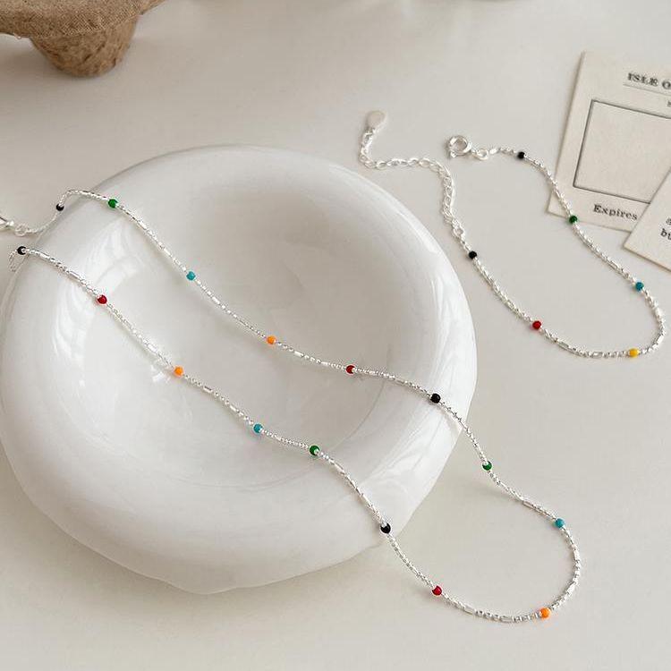 Korean Rainbow Bead Bracelet, S925 Sterling Silver, Simple Niche Design, Stylish Round Bead Jewelry for Women.