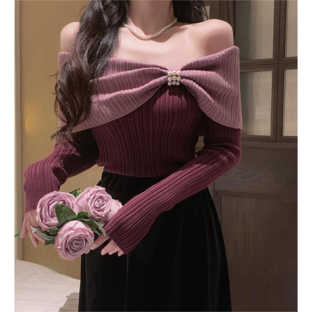 One Shoulder Bow Knit Sweater Women's New Top
