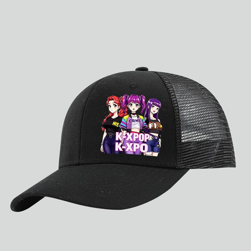 Pc of Black KXPOP KXPO Anime Girl Group Printed Baseball Cap with Cute Cartoon Kpop Idol Patterns Suitable for Kpop Fans