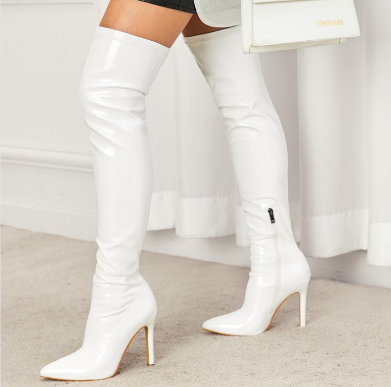 Cross2023 Women's Soft Patent Leather Stiletto Over-the-Knee Boots with Pointed Toe & Side Zipper