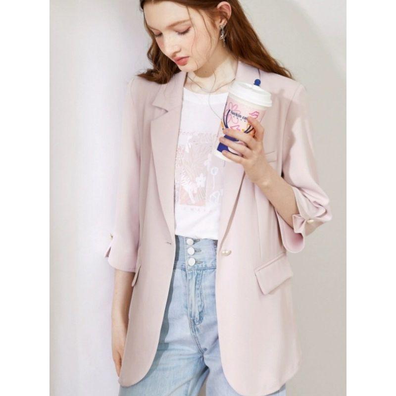 Korean Style Summer New Fashion Commuter Ol Pink One Button Blazers Elegant Three-Quarter Sleeve Suit Outdoor Women
