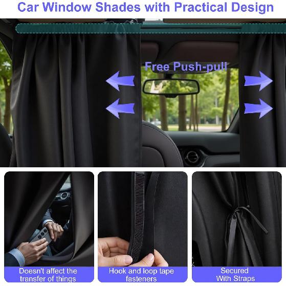 Set Of 3 Car Window Shades, 1 Rear Seat Divider Curtain & 2 Rear Side Window Sun Shades, 95% Light Blocking Car Window Covers Privacy Protection