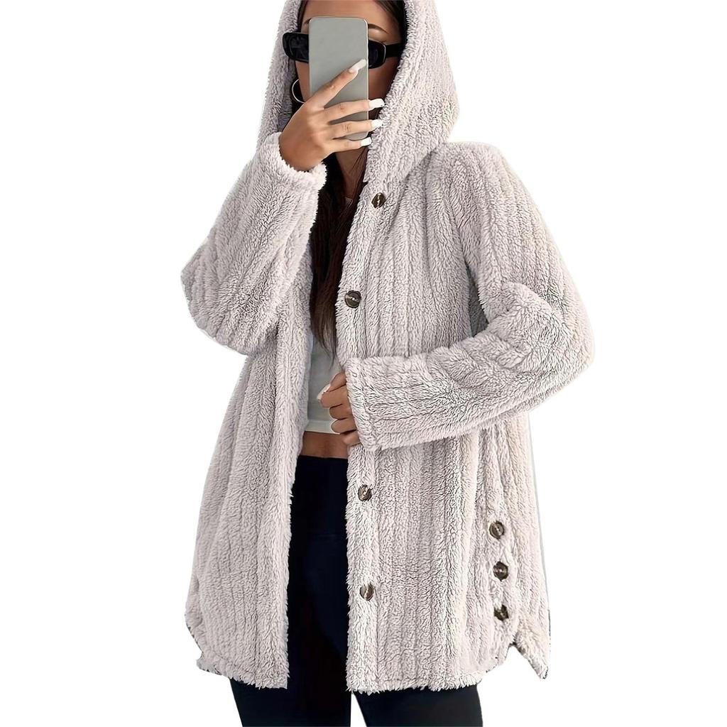 Women's Fashionable Coat Solid Color Long Sleeved Hooded Button Plush Warm Jacket