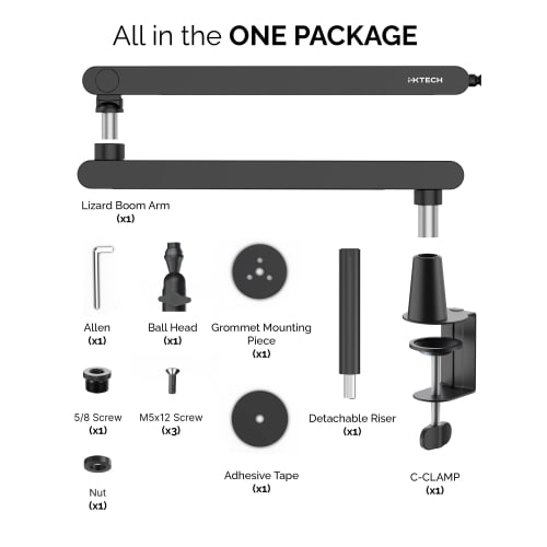 IXTECH Microphone Arm Desk Mount, Low-Profile Boom Arm, Adjustable Microphone Arm with Detachable Rise Column, Built-in Cable Management, 360 Rotatin