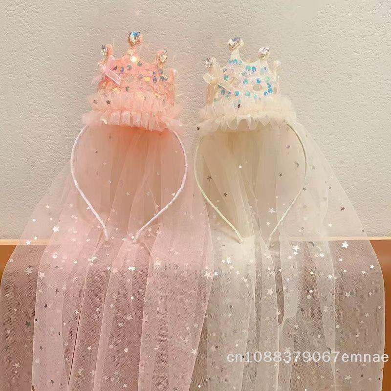 [ZYS]1Pc Sparkly Tulle Hair Accessories Princess Crown  Headbands Pink White Sequin Party Headwear Cute Girl's Dress Up Headband