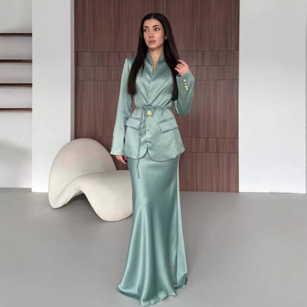 Cross-border European and American Women's Clothing Fashion Temperament Satin Cardigan Long-sleeved Strap-up Straight Suit Long Skirt Set