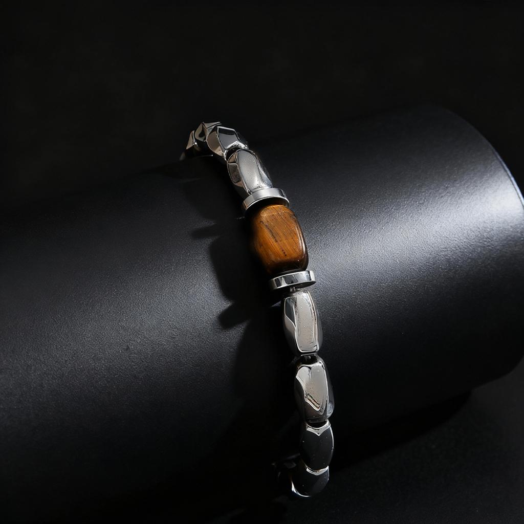 Silver Color Retro Irregular Beaded Bracelet for Men, Chic Tiger Eye Stone Elastic Chain Bracelet, Fashion Punk Jewelry Gift