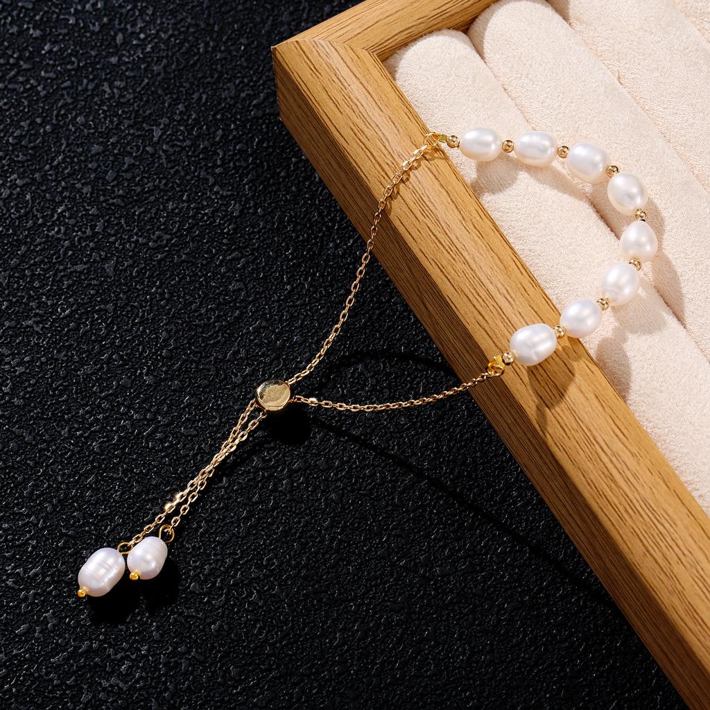 Golden Freshwater Pearl Adjustable Bracelet Copper Chain Beaded Wrist Jewelry for Women