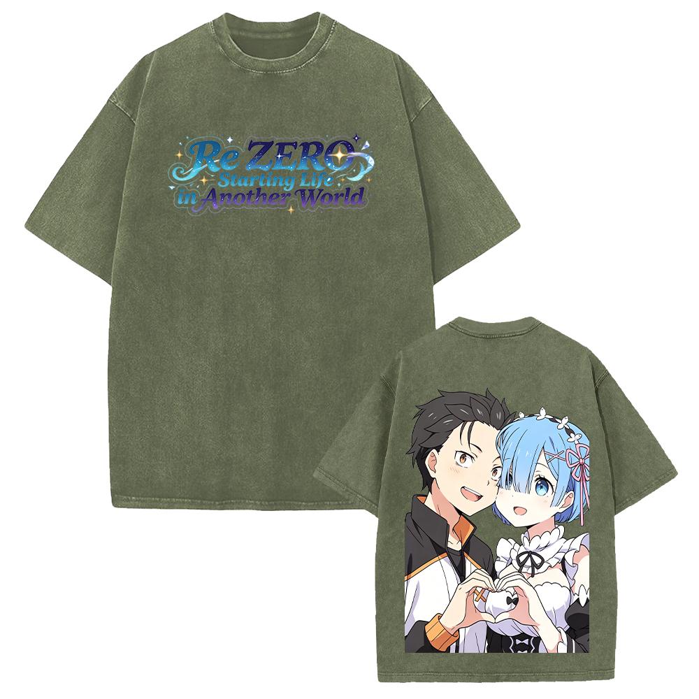 Rem And Natsuki Subaru Couple Print T-shirt Anime Re ZERO Clothing Men Women Cotton Tshirts Retro Washed T Shirt Oversized Tops