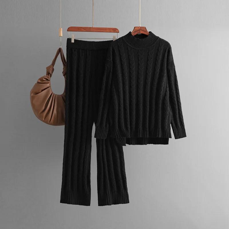 2026 Autumn Solid Color Half Turtleneck Split Sweater Twist Pants Sets Women Winter New Fashion Knitted Two-piece Sets for Women