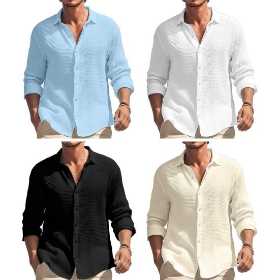 Camisa de otoño y primavera para hombre, camiseta de manga larga con una hilera de botones, Color sólido, cuello vuelto, holgada, suave y transpirable, Top de oficina diario para hombre