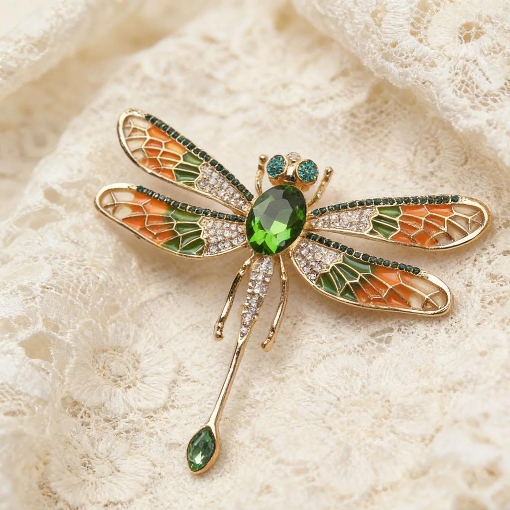 Agile Wings Dragonfly Brooch Qingdao Galaxy Memoir Retro Drip Oil Insect Green Crystal Women's Chest Flower Pin