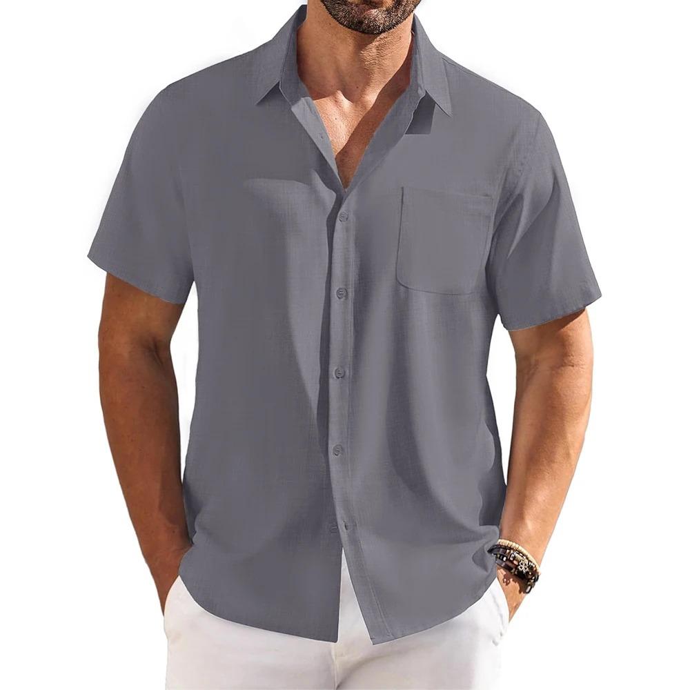 

Летняя новая мужская рубашка с коротким рукавом, отложным воротником, однотонная, смесь хлопка и льна, легкая и дышащая XL серый