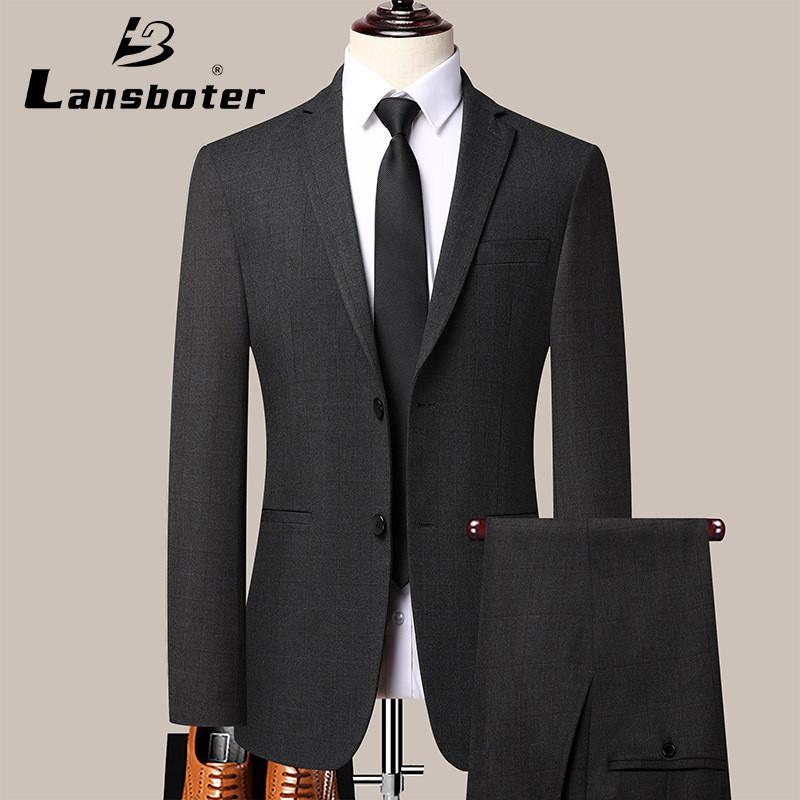

Lansboter костюм в темную сетку для делового мужского костюма, корейская версия, облегающий деловой костюм, профессиональный свадебный костюм, костюм, костюм