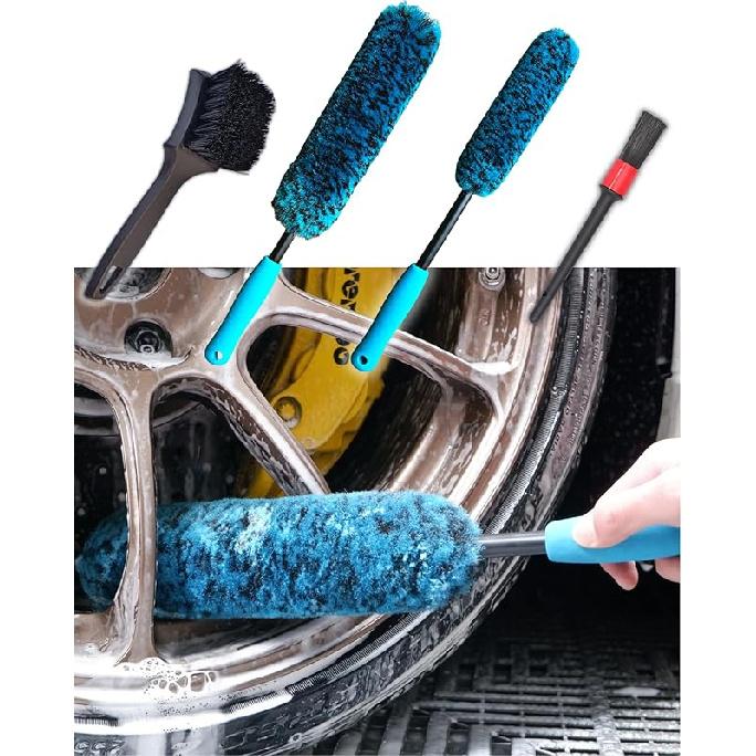 Professional 4 Pack Long Handle Wheel Brush Kit For Cleaning Wheel And Tire- 2X Soft Wheel Cleaning Brush, Detailing Brush And Stiff Tire Brush,