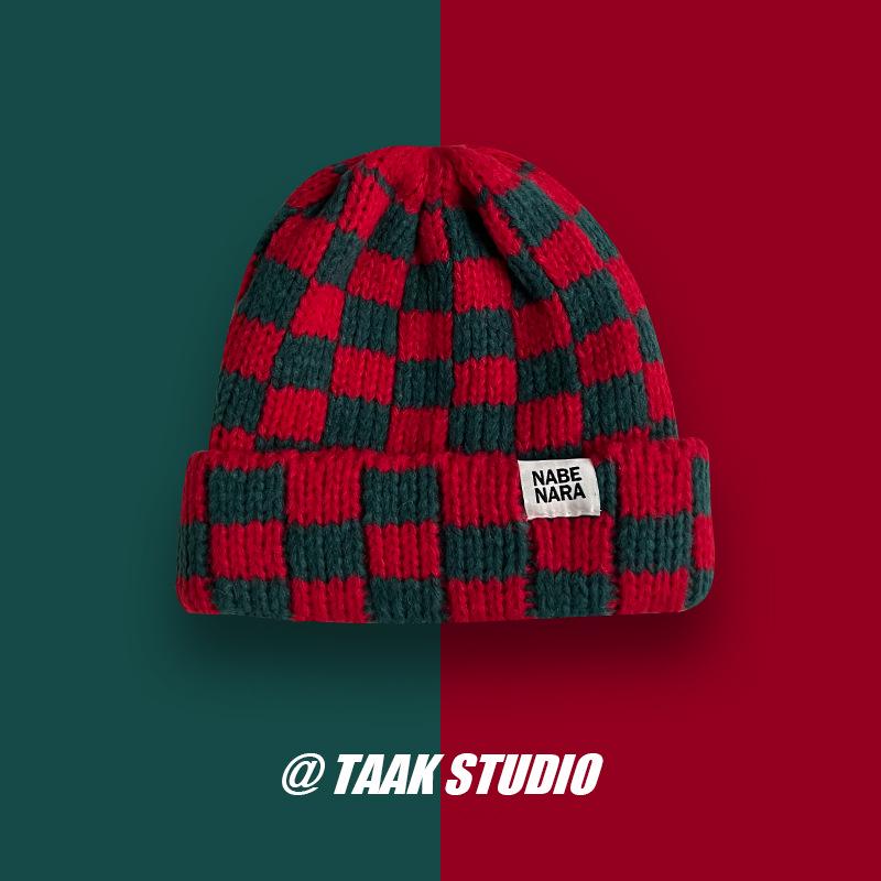 Damrutig stickad ullmössa, Koreansk & Japansk stil, Höst/Vinter, Stor passform, Ansiktsförminskande, Julutgåva