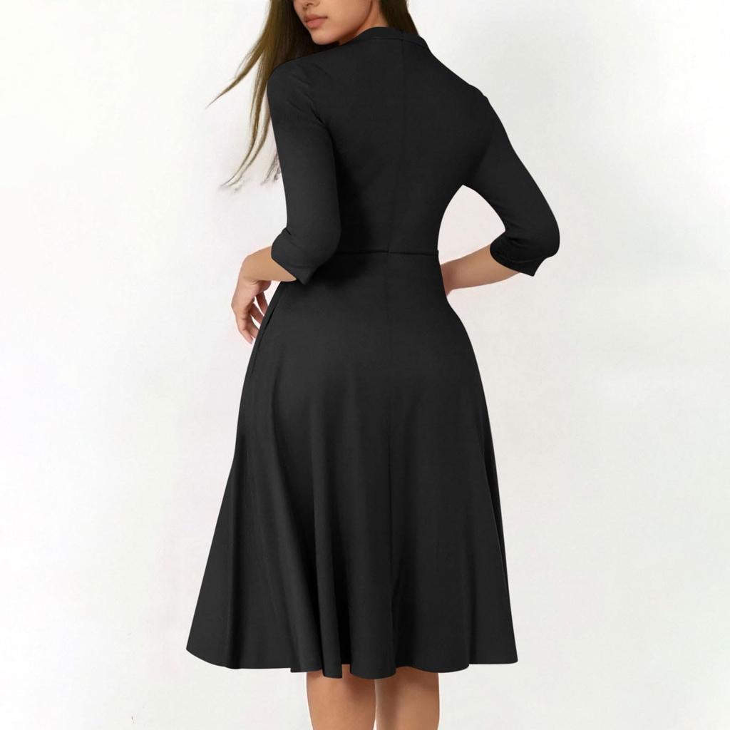 Women's Fashion V,Neck Three,Quarter Sleeve Church Work Dress With Pockets In Color