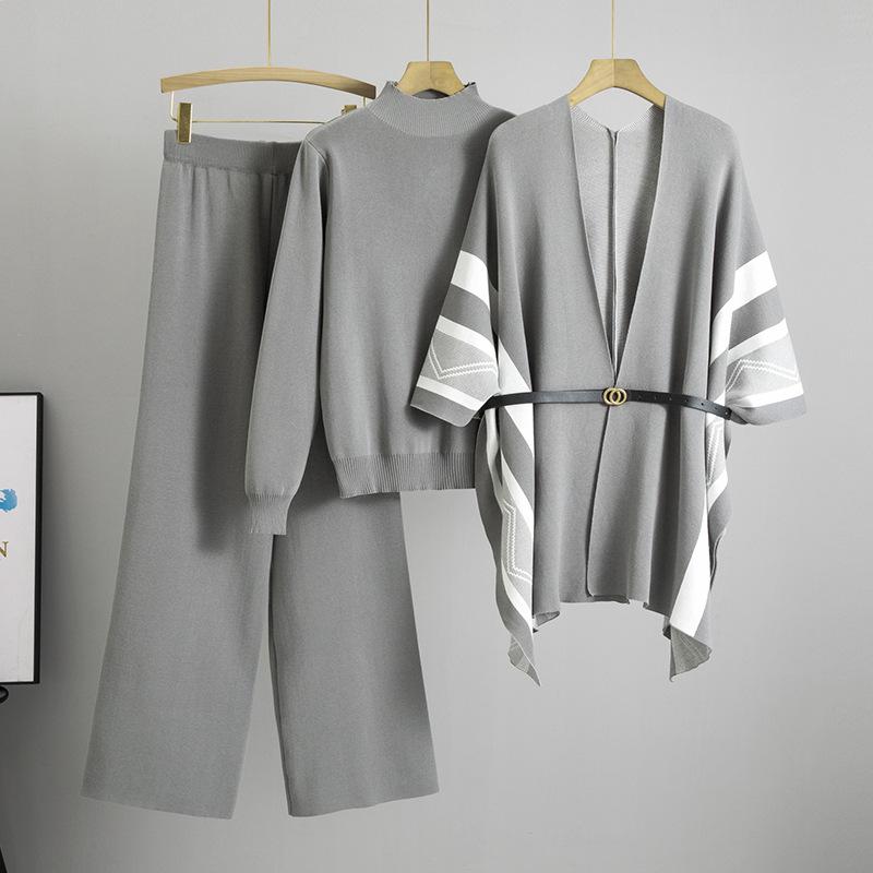 Women's Cross-Border Fashion: Knit Shawl Cardigan, High Neck Sweater, and Wide-Leg Pants Set.