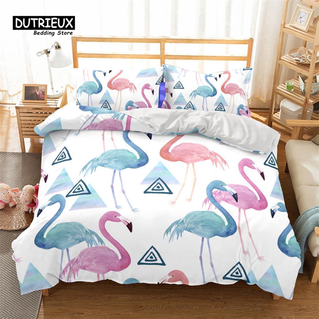 Soft Flamingo 3D Print Bedding Set Fresh Style Cartoon Animals Green Leaves Tropical Fruit Floral Duvet Cover With Pillowcases