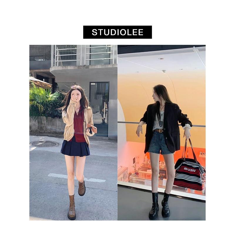 Verze z hovězí kůže hroznová matka silná podrážka retro kožené plisované zadní zip stohované krátké boty dámské tenké boty britské Martensky