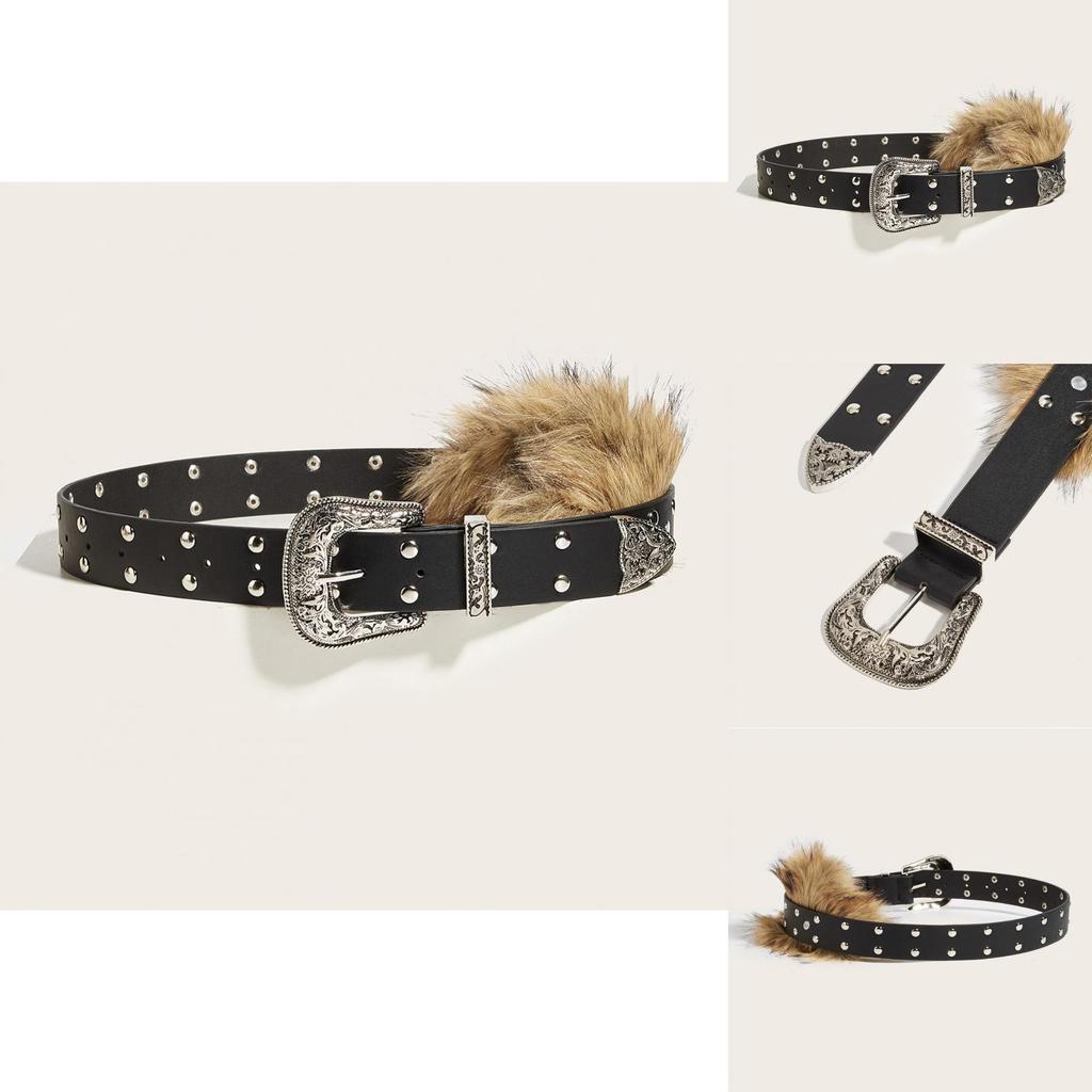 Pu Leather Wide Belt Artificial Fur Design And Carved Needle Buckle For Fashion Lovers