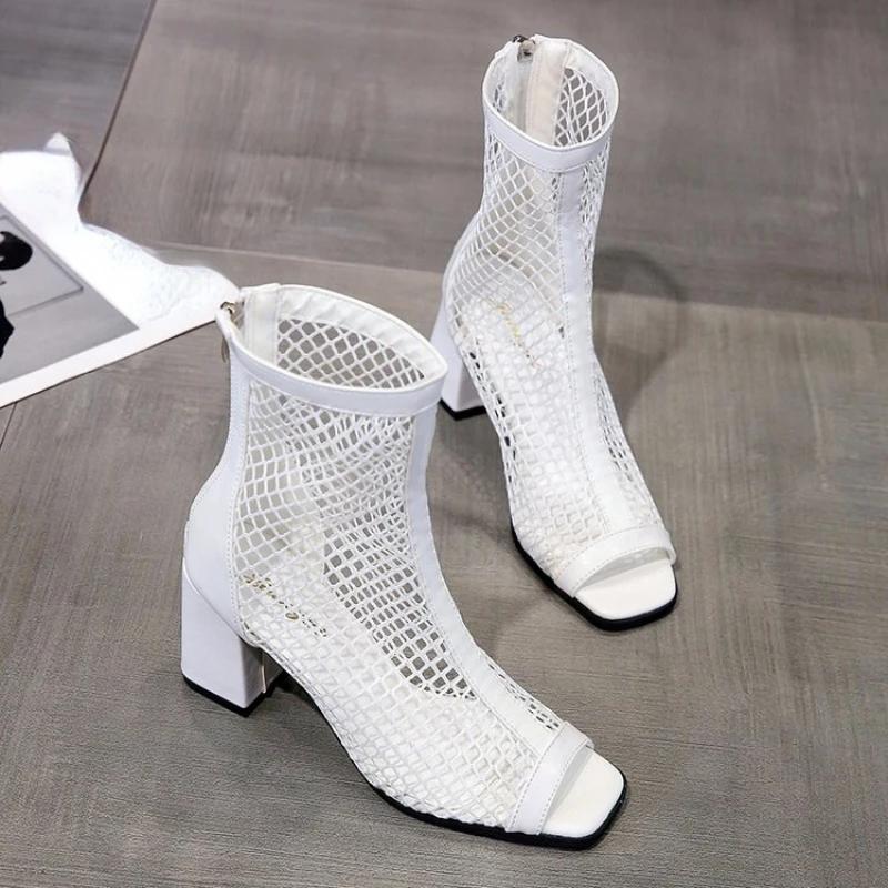 Summer Fashion Mesh Fish Mouth Short Tube High Heels Hollow Women Breathable Sandalias Mujer Boots Platform Zapatos Para Mujeres