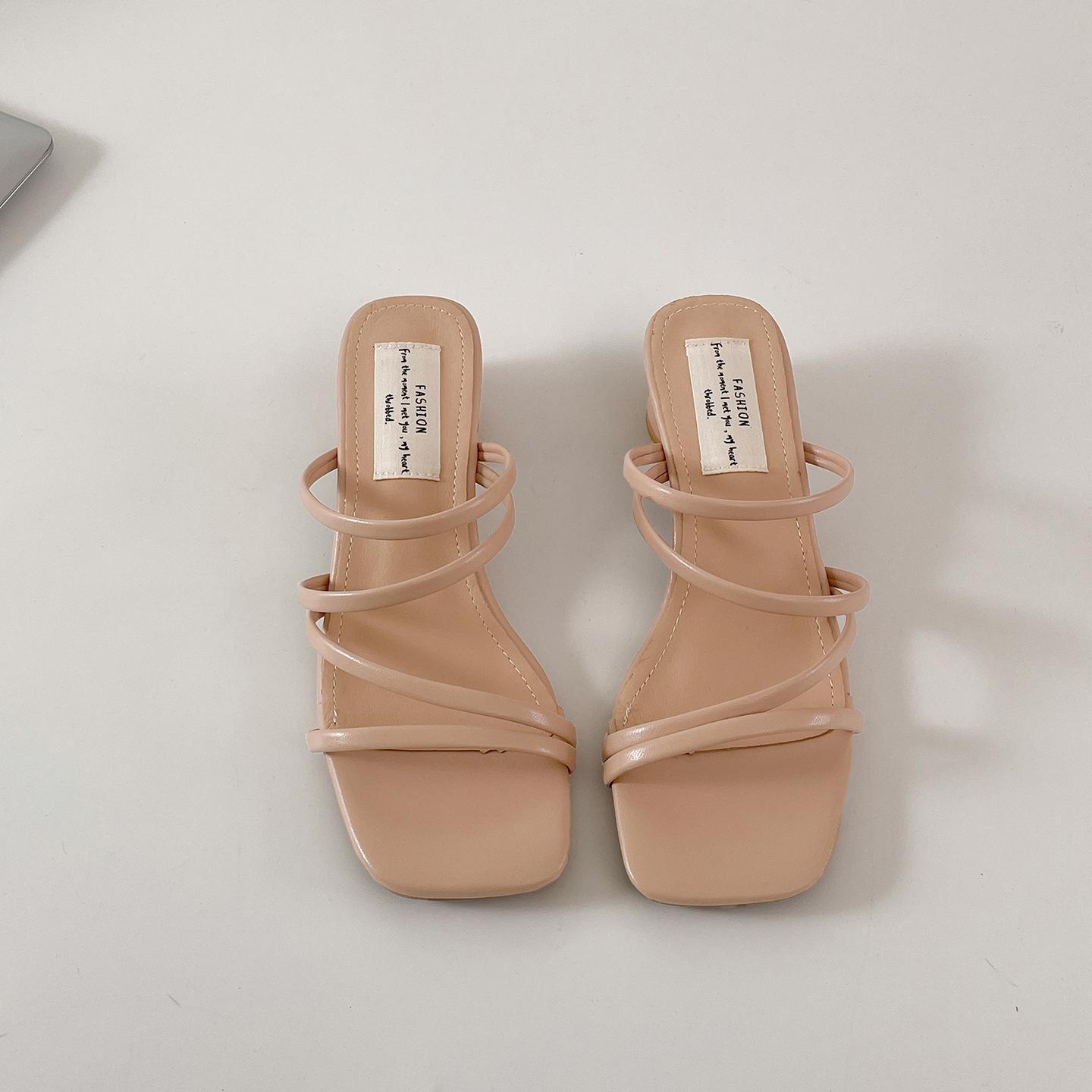 

Popular silver fairy wind one-word thick high-heeled slippers women s summer wear 2025 new height-increasing French cool slippers 35 рожевий