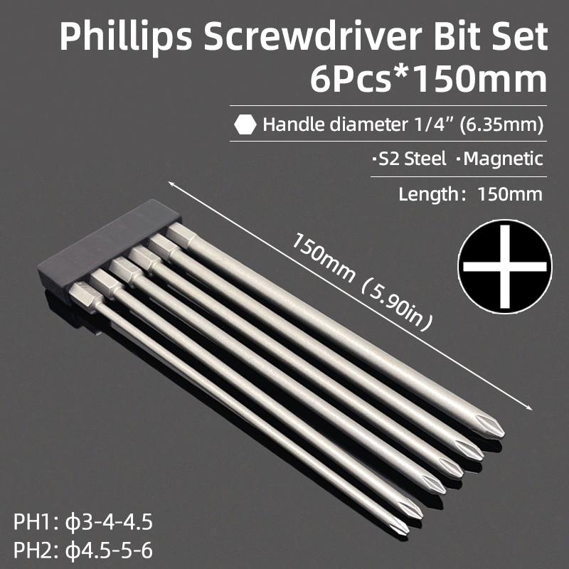 Bit Magnetic Surubelniță Phillips Lungime 150mm PH1/PH2 Cap Cruce Biți Surubelniță S2 Coadă Hexagonală 1/4” Scule de Mână Power pentru Reparații