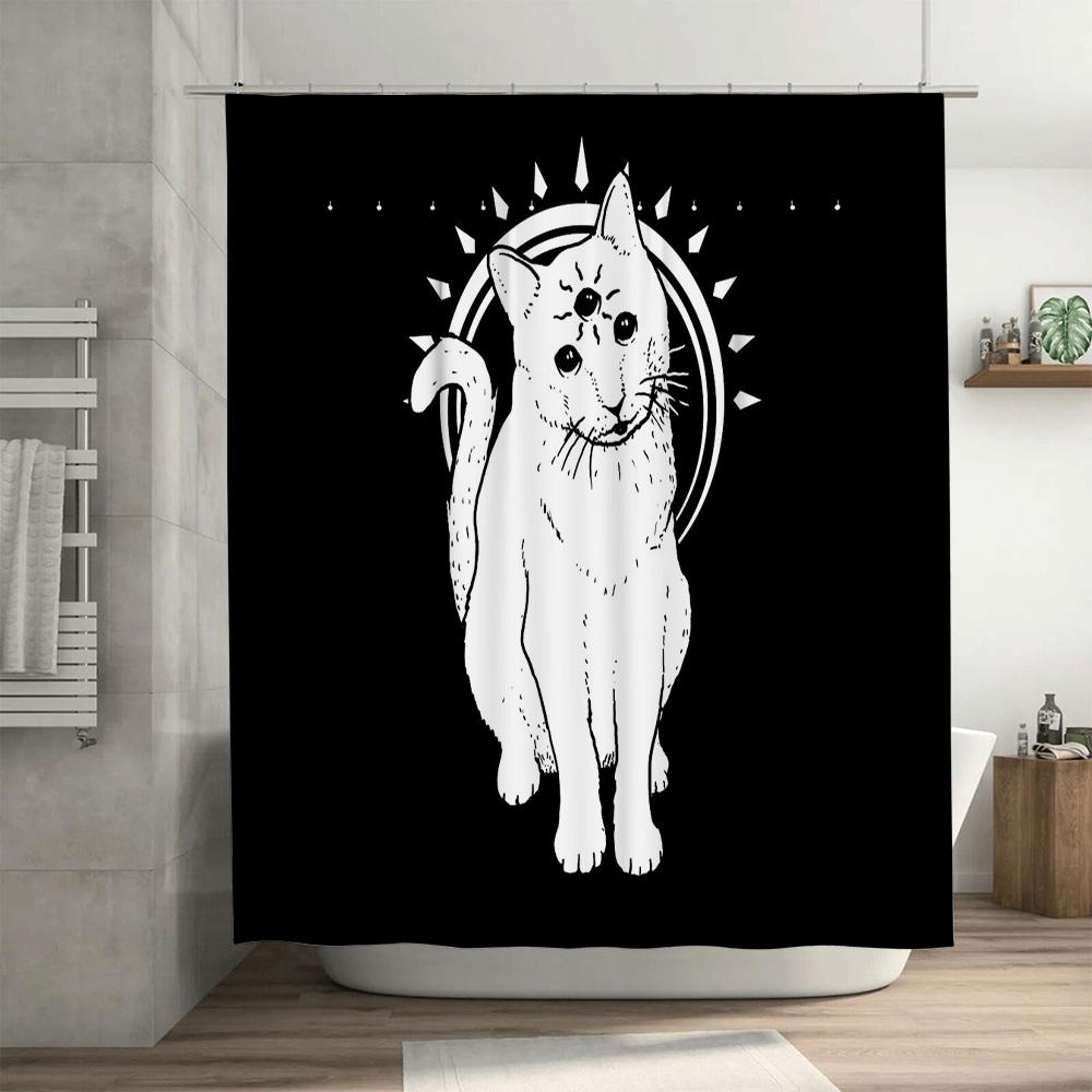 Cat Shower Curtain Spooky Gothic Horror Decor Halloween Bathroom Set Vintage Weirdo Emo Alternative Dark Aesthetic Room Divider