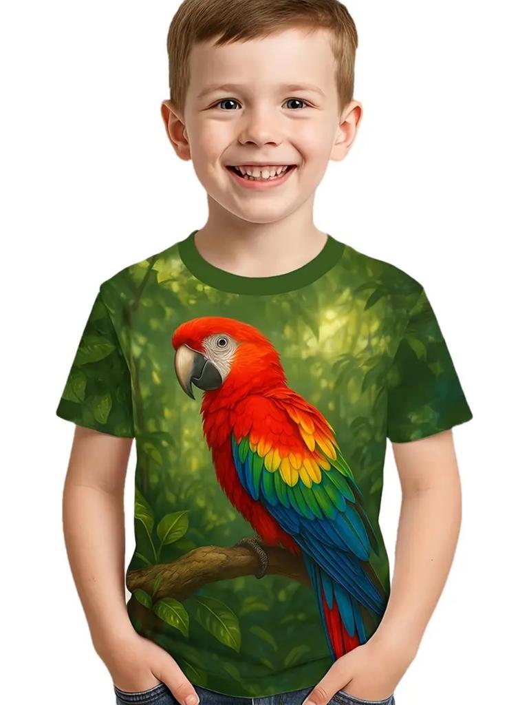Kids' Tropical Macaw Parrots Beach Print Short Sleeve T-Shirt Summer Animal Graphic Tee