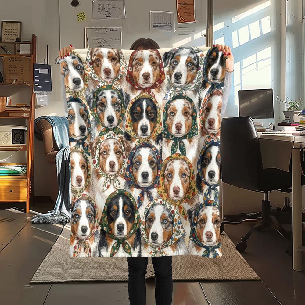 1PC Retro Pet Puppy Print Flannel Blanket, High quality All Seasons, Home Decor, Warmth and Comfort, Perfect for Christmas Gifts