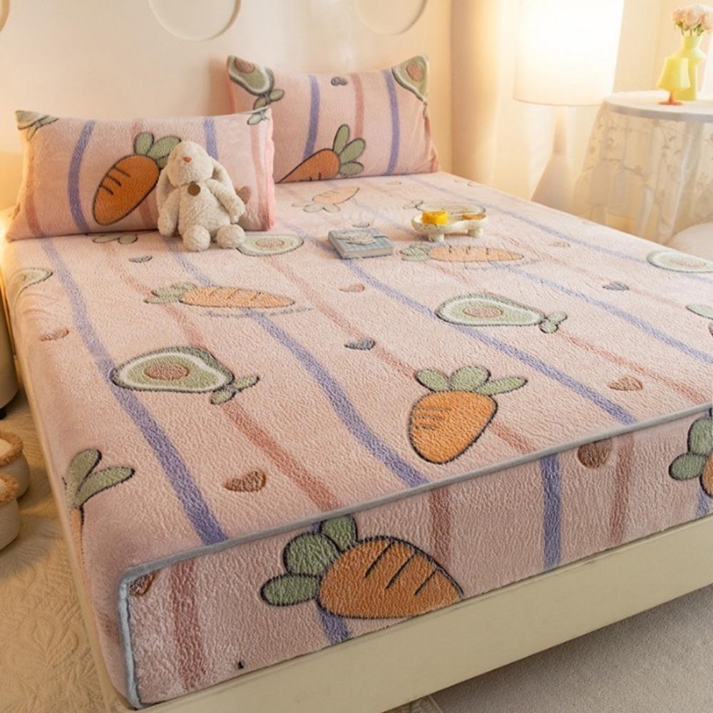 1 Pc Warm Coral Velvet Fitted Sheet Elastic Mattress Cover Fluffy Coral Fleece Bed Sheet Winter Warm and Cosy Plush Fitted Sheet