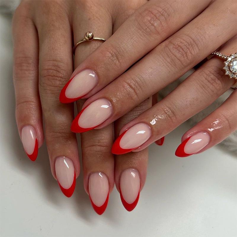 Red Edge French Almond Nail Art Stickers - Simple Wearable False Nail Tips