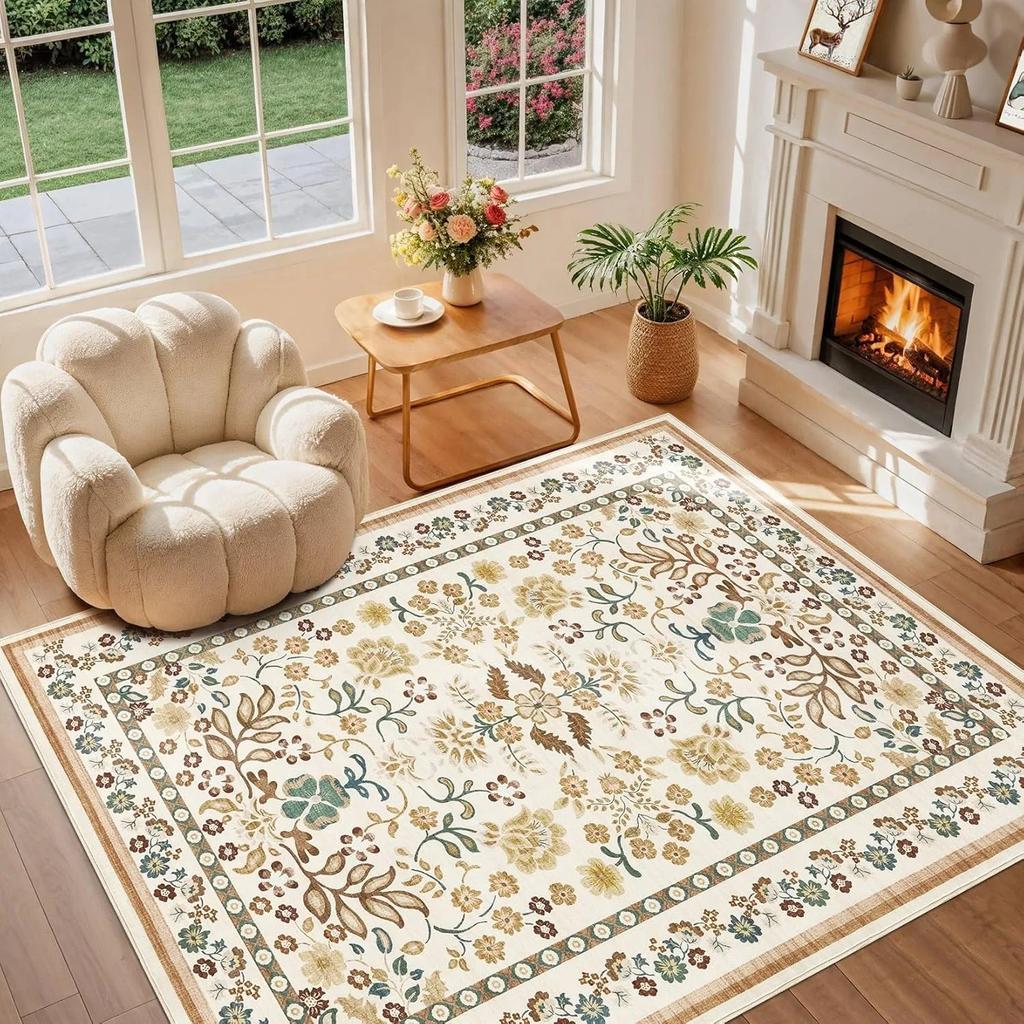 Living Room Carpet  Bedroom Bedside Floor Mat Machine Washable Carpets Spring Flowers Plant Retro Home Decoration Rug