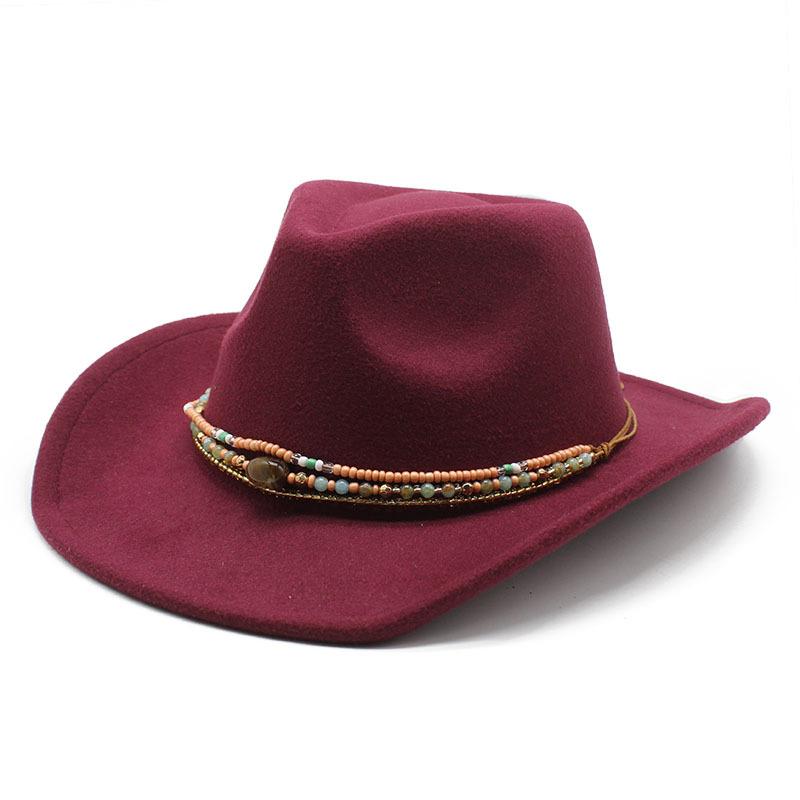 Curled Cowboy Hat Western Ethnic Style Tibetan Felt Hat Colored Bead Rope Accessories Knight Hat Tide