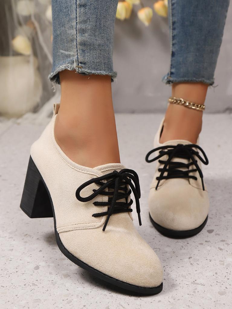 Elegant small leather shoes 22 trendy suede thick high heels autumn beautiful front lace-up Mary Jane shoes