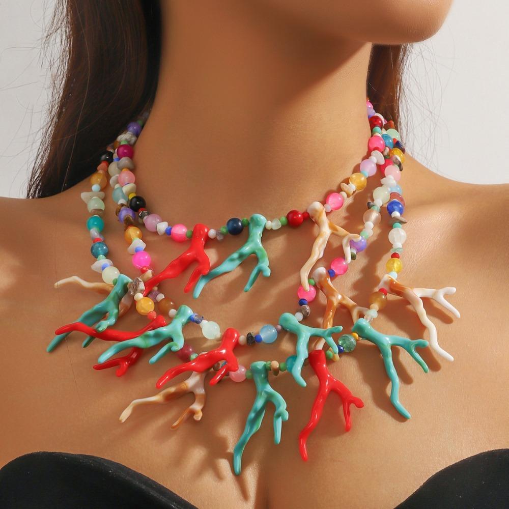 Multi-layer Beaded Coral Necklace Bohemia Ocean Style Beach Choker Coralal Pendant Necklace  Summer