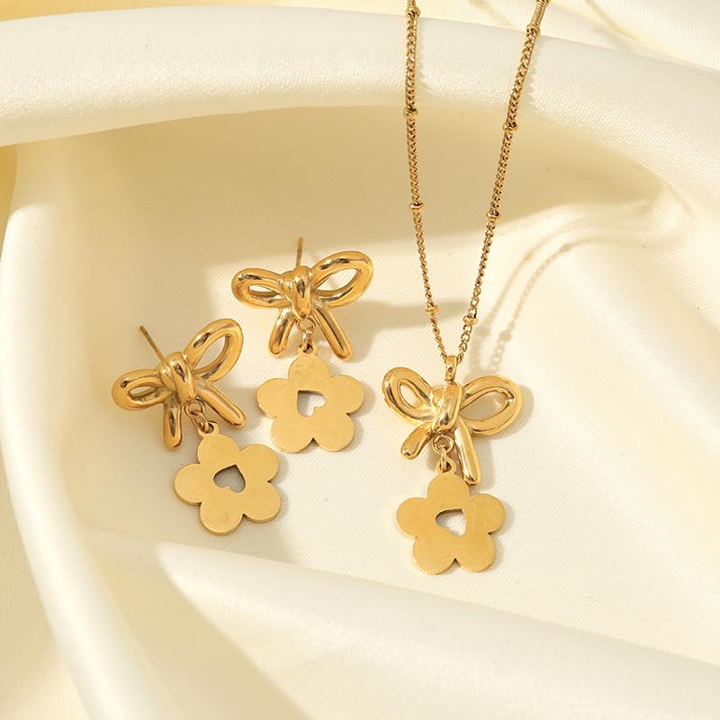 316L Stainless Steel Heart Flower Pearl Necklace Earrings Set For Women Fashion Jewelry Set Waterproof Bijoux Femme